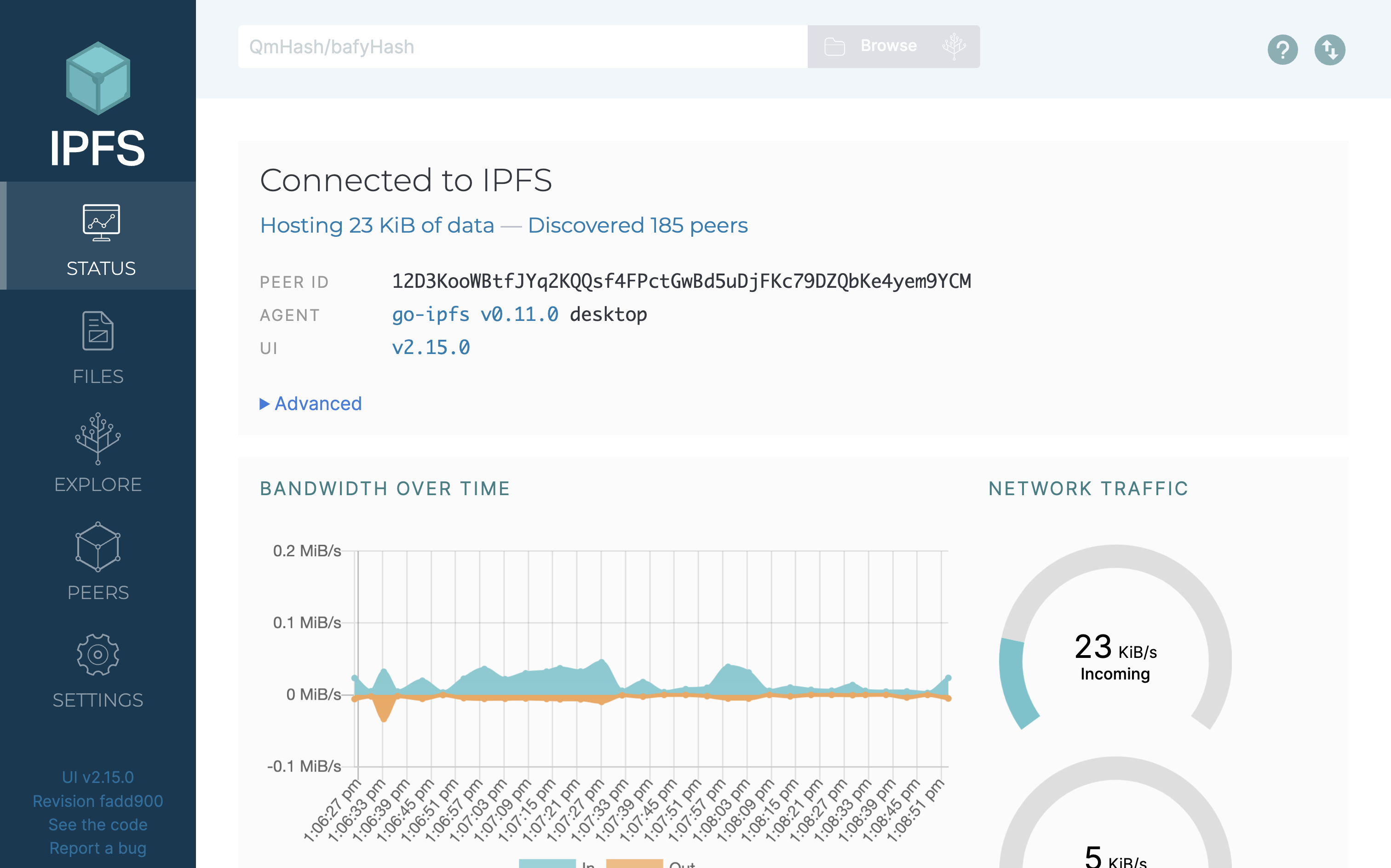 The status screen of my local IPFS node showing bandwidth usage