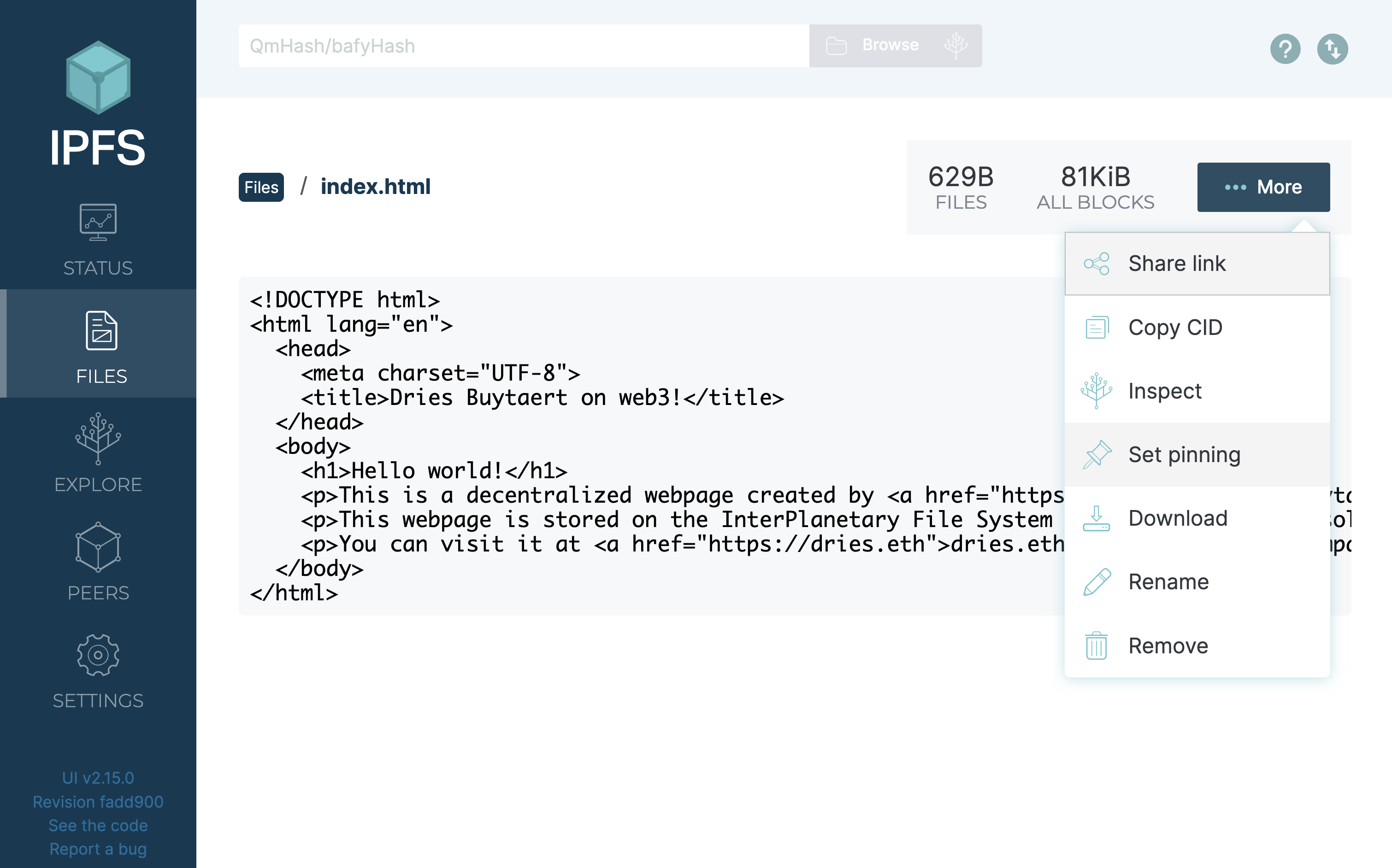 A drop-down menu allowing you to pin a file on IPFS.