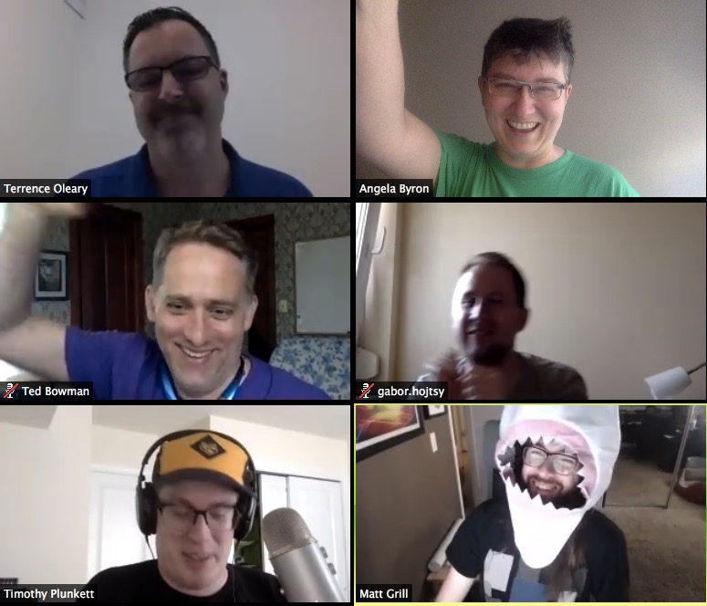 A group of six people on a video call celebrating the Outside-In patch being committed to Drupal 8.