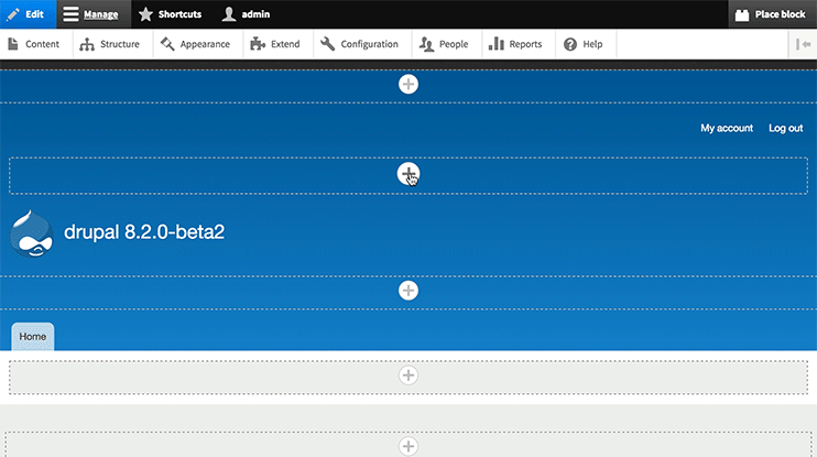 A Drupal interface showing block placement options, with a cursor hovering over a plus icon to add content.