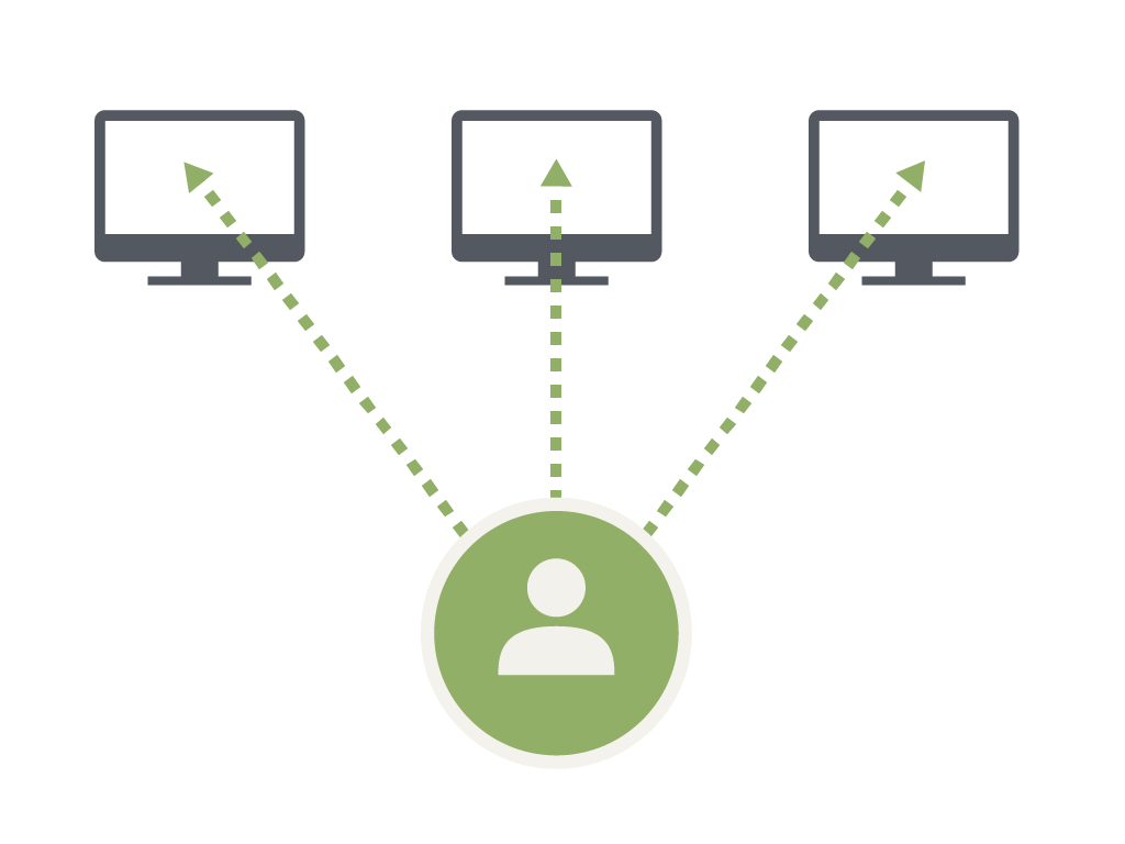 A user requests information from multiple computers, represented by arrows pointing from the user to the screens.