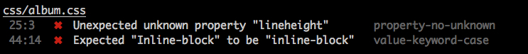 Stylelint output for css/album.css: unknown property "lineheight", and "Inline-block" should be "inline-block".