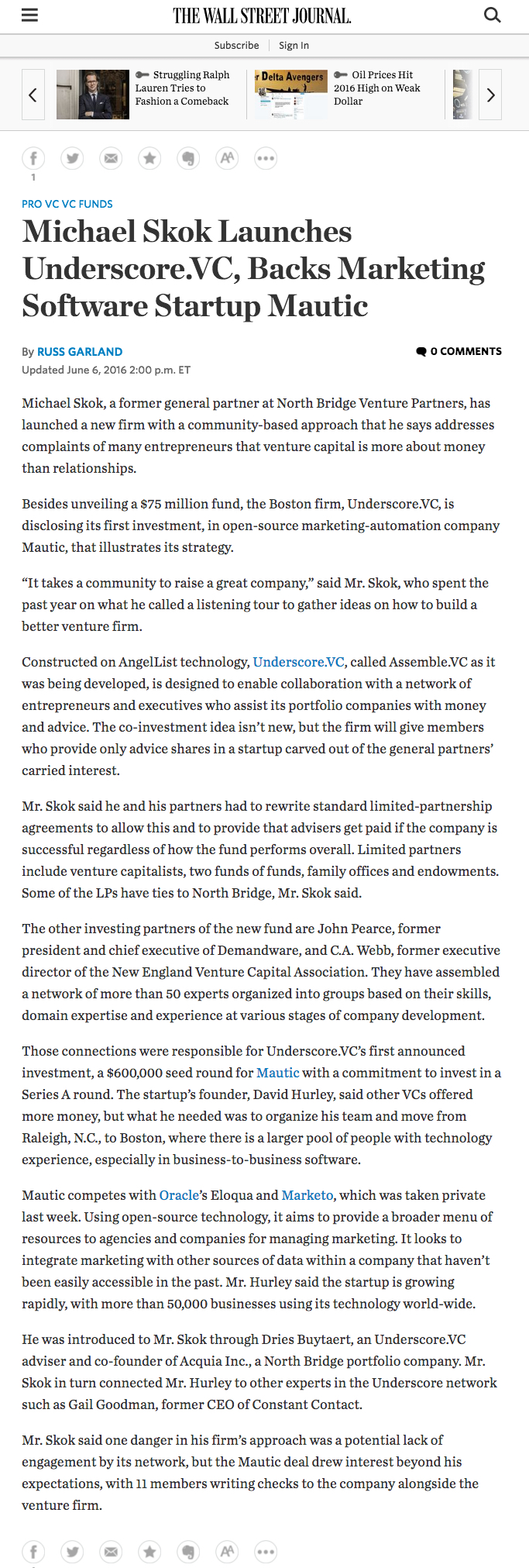 A Wall Street Journal article discusses Michael Skok launching Underscore.