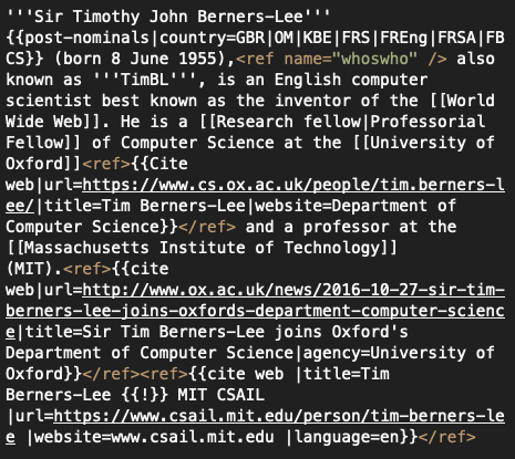 The markup for Tim Berners-Lee's Wikipedia page; it's complex and inconsistent