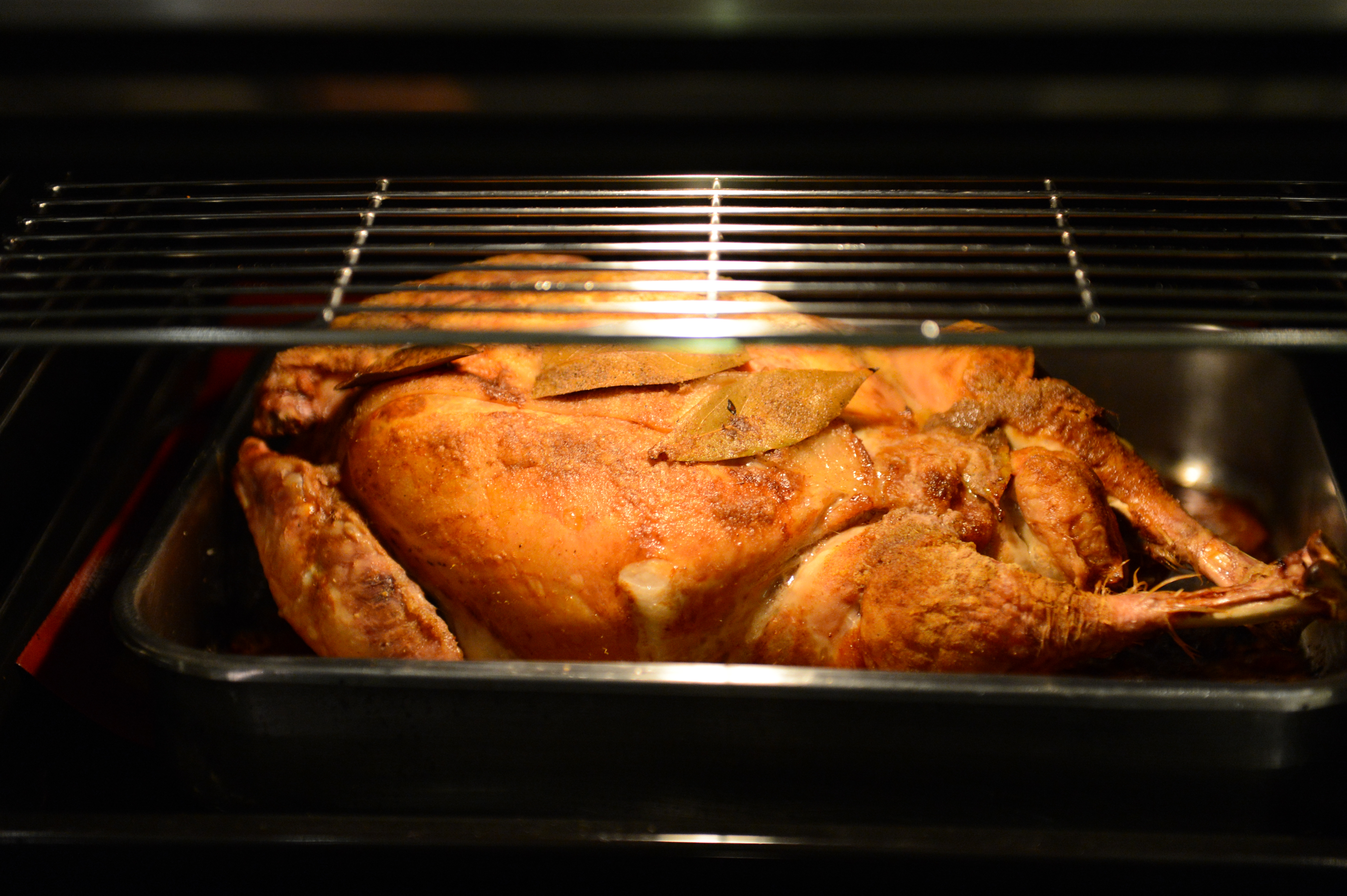 A roasted turkey with seasoning and bay leaves is cooking in the oven on a metal tray.