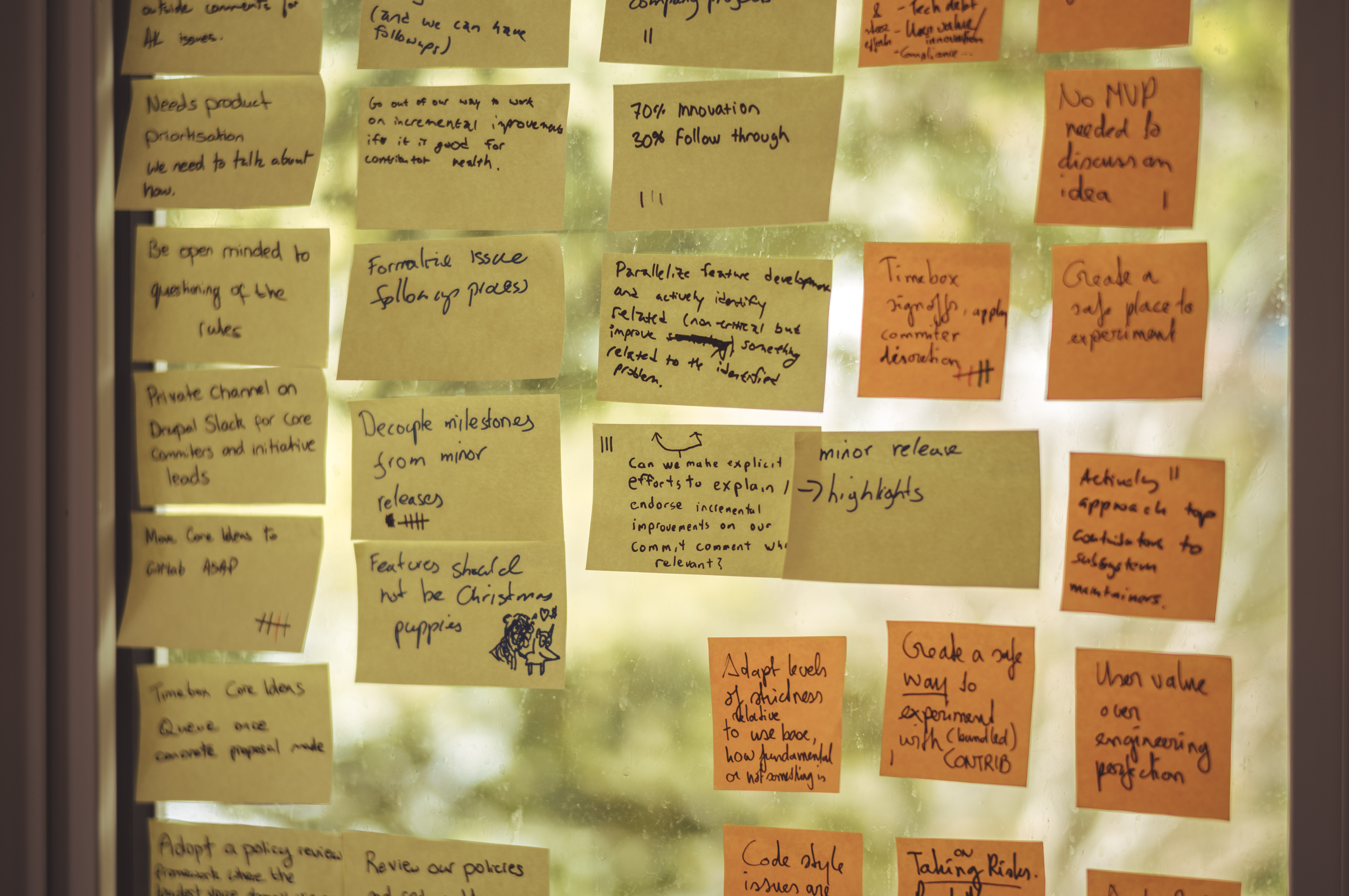 A window covered with yellow sticky notes.