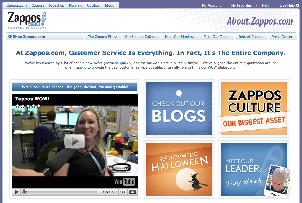 A Zappos webpage showcasing customer service, company culture, blogs, and leadership, featuring a video about the workplace experience.