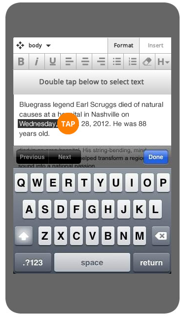 A mobile rich text editor displays a toolbar with formatting options and an on-screen keyboard for text input.