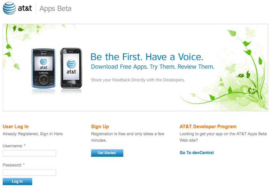 AT&T Apps Beta webpage with login, sign-up options, and a banner promoting free app downloads and user feedback.