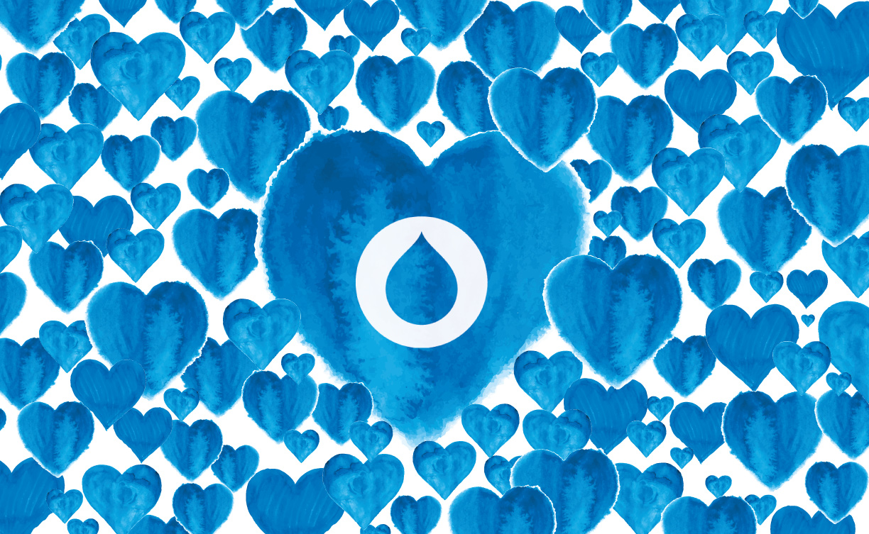 A pattern of blue hearts with a large heart in the center featuring the Drupal logo.