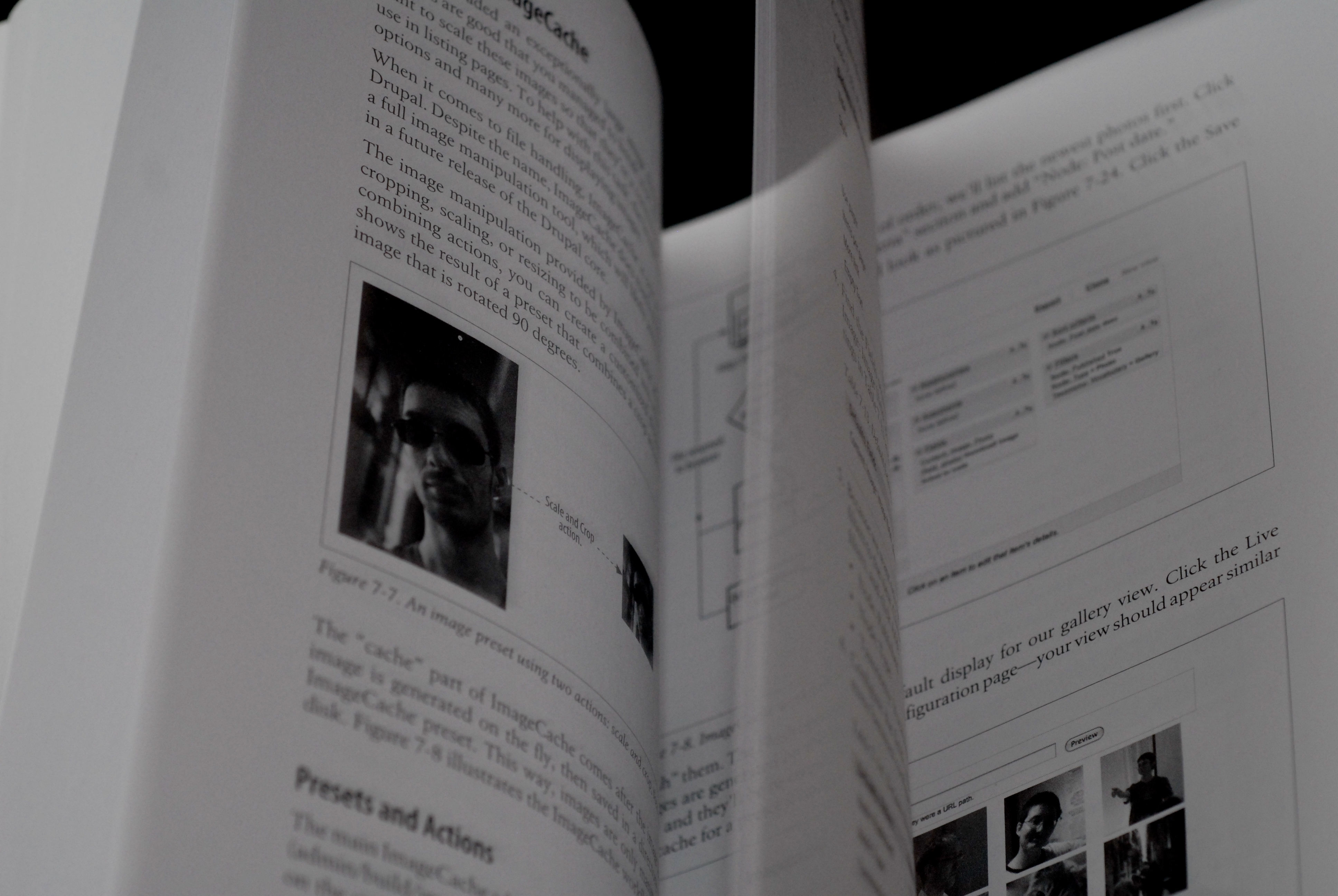 A book about using Drupal, with pages showing text, images, and diagrams related to image processing and presets.