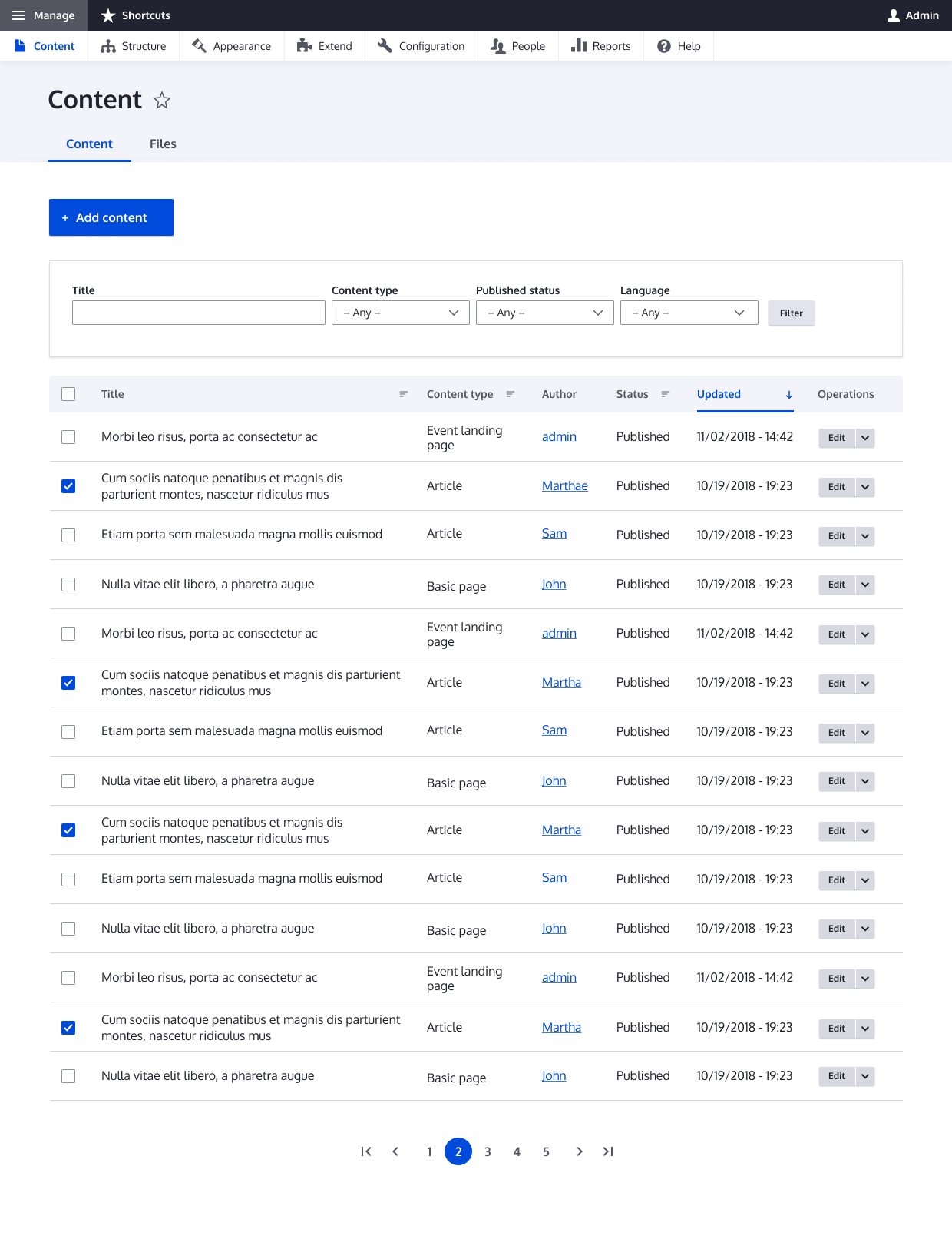 A screenshot of the content administration using Drupal 8's Carlo theme