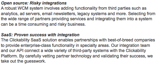 Comparison of open-source and SaaS integration, highlighting risks of open-source and benefits of Clickability's vetted third-party connections.