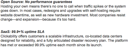 Comparison of open-source and SaaS performance, highlighting uptime guarantees and reliability differences between self-hosting and Clickability's service.