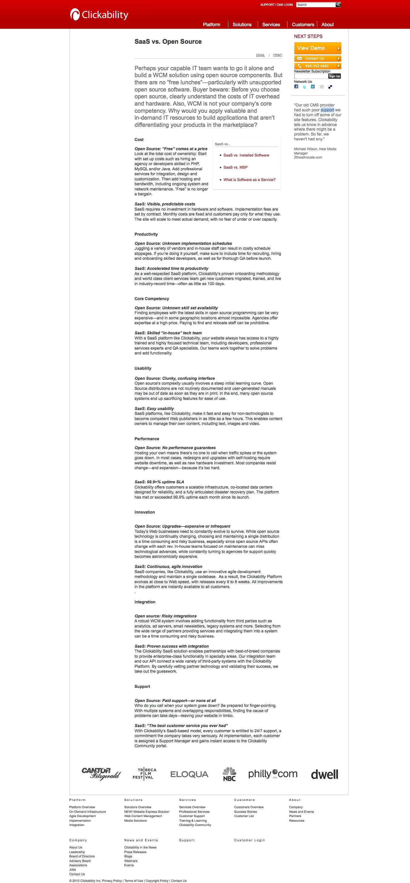 A webpage compares SaaS and open-source web content management, highlighting costs, productivity, usability, integration, and support differences.