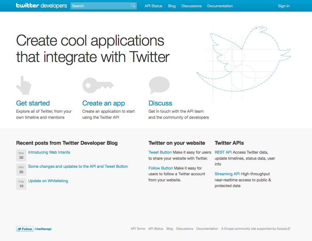 Twitter Developers webpage with options to get started, create an app, and discuss API integration for building applications.