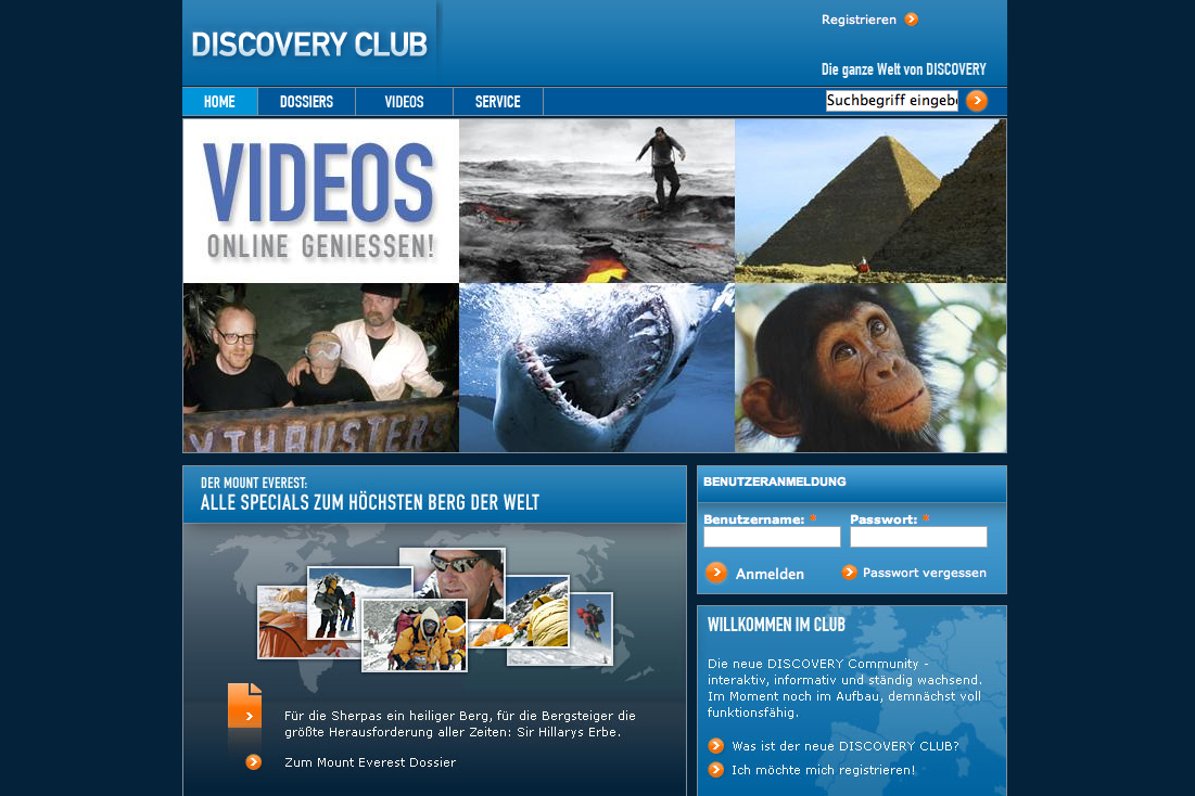 A Discovery Club webpage featuring videos, images of nature, animals, and exploration, with login and informational sections.