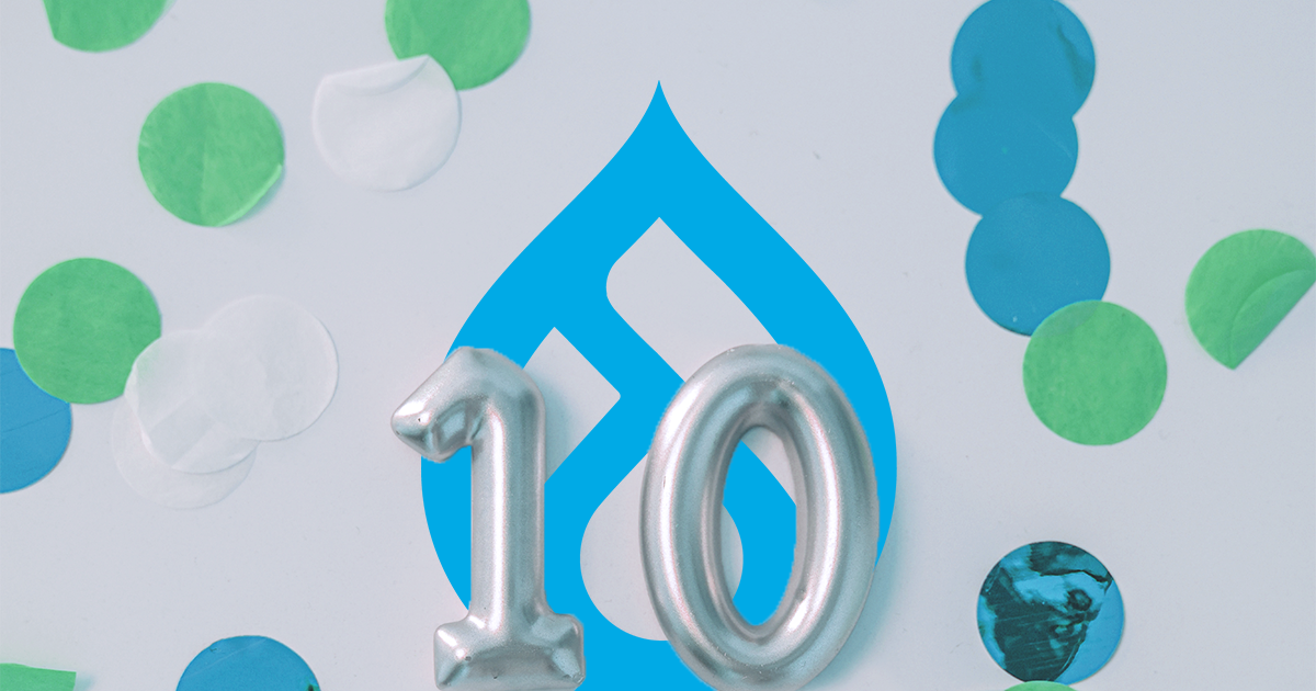 The Drupal logo surrounded by confetti and the number 10.
