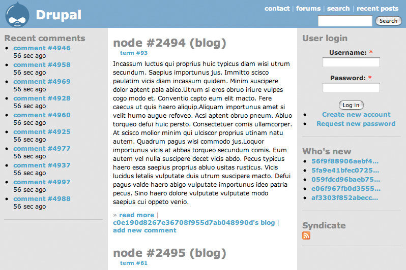 Drupal 4.7 test site front page with blog nodes of placeholder Latin text, recent comments, a user login form and a Who's new block.