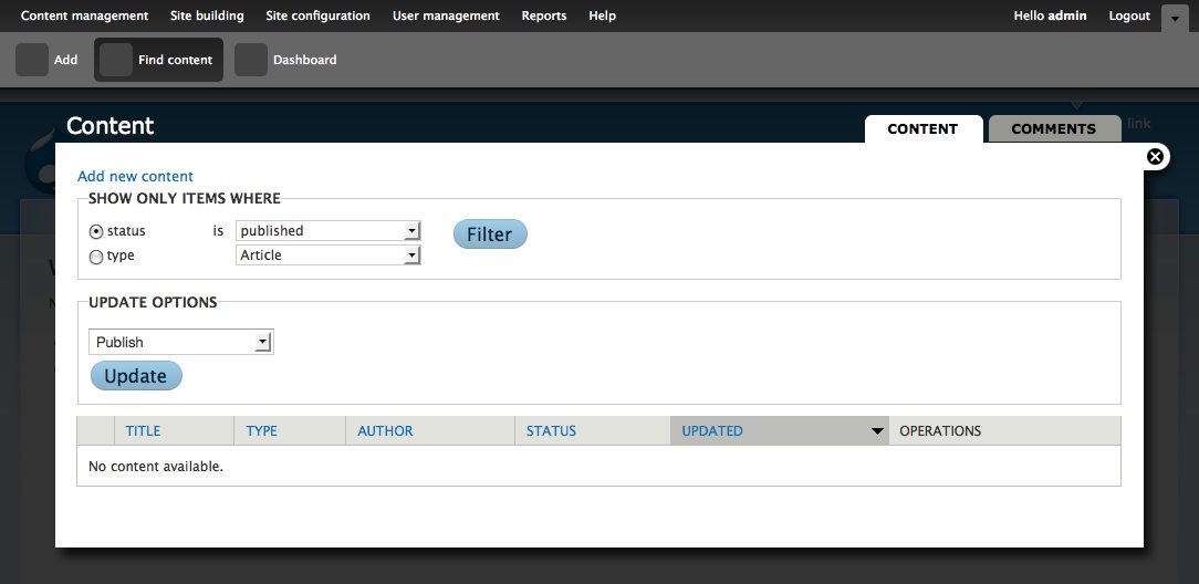 A Drupal content management overlay displaying filtering and update options with no available content listed.