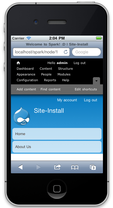 Drupal 7 toolbar and shortcut bars wrap on an iPhone screen, taking up a significant portion of the display.