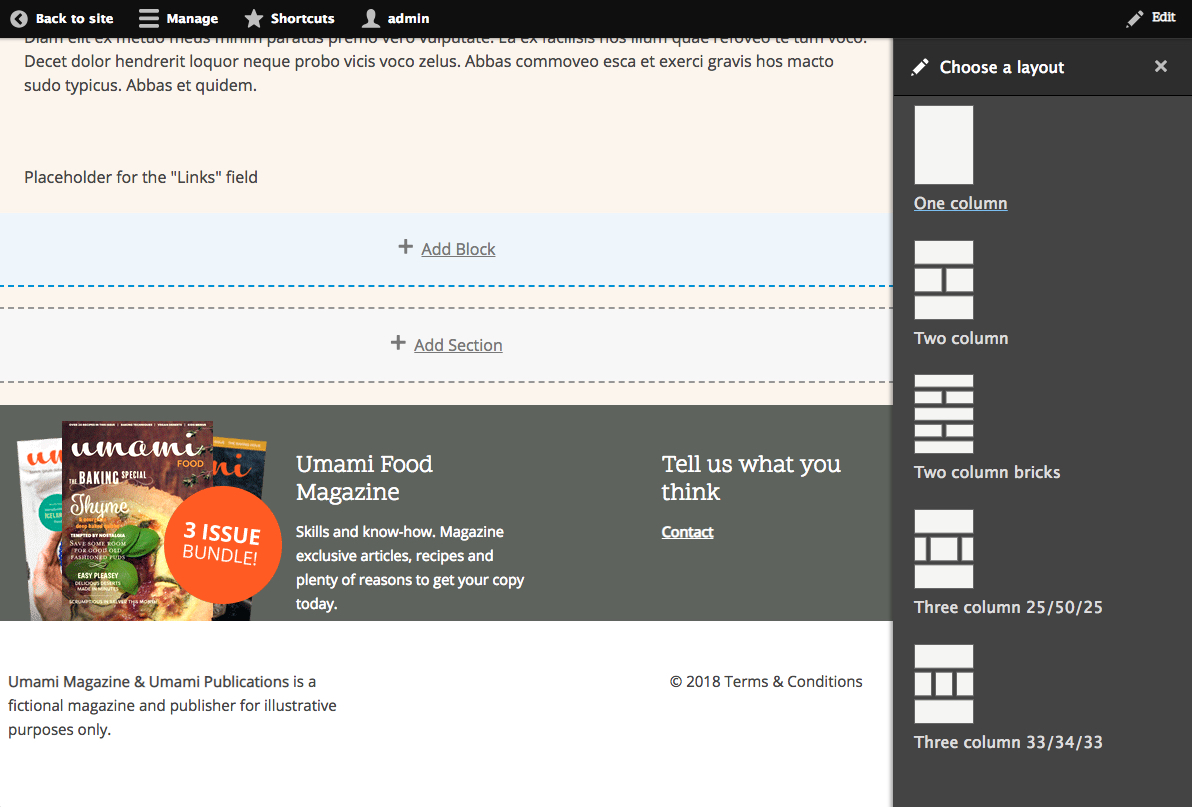 The experimental layout builder in Drupal 8.6 with the Umami demo profile