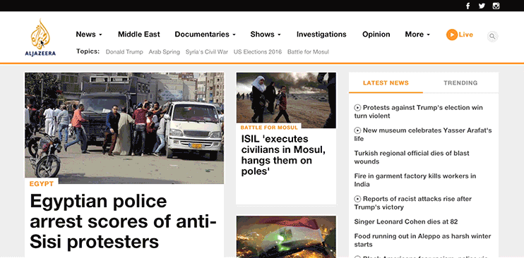 Al Jazeera news website homepage showing headlines about protests in Egypt and violence in Mosul.