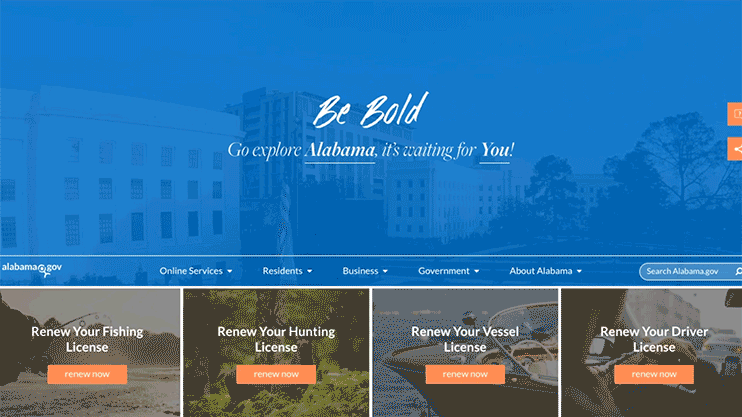 Alabama government website homepage with a "Be Bold" slogan and options to renew fishing, hunting, vessel, and driver licenses.