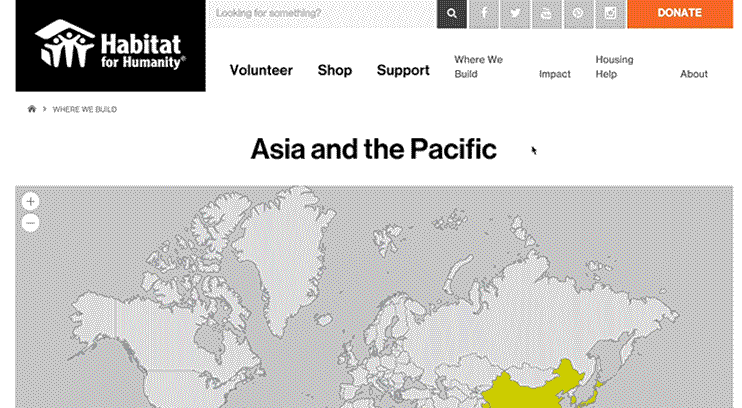 A Habitat for Humanity webpage displays a map highlighting regions in Asia and the Pacific where they build homes.