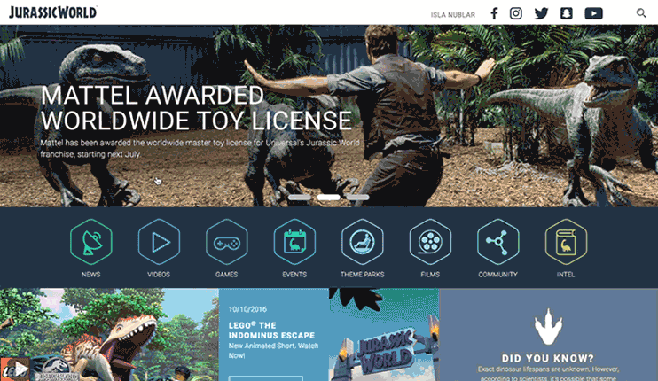 A man holds out his arms to stop three approaching velociraptors in a Jurassic World-themed website banner.