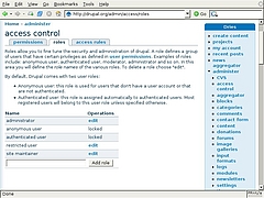 A screenshot of the Drupal content management system's access control settings page from 2006.