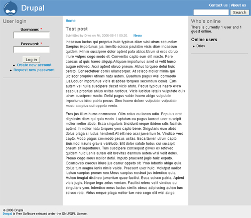 A Drupal webpage displaying a blog post with a user login section and an online users list.