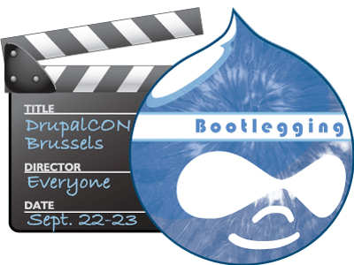 A clapperboard with "DrupalCON Brussels" details next to a Drupal logo featuring the word "Bootlegging.