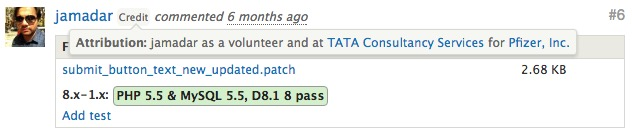 A Drupal.org issue comment by jamadar with a Credit badge, a tooltip showing his attribution, an attached patch and a passing test.