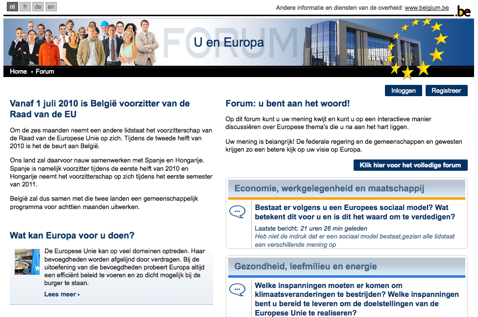 A Belgian government webpage about the EU presidency in 2010, featuring a forum for discussions on European topics.