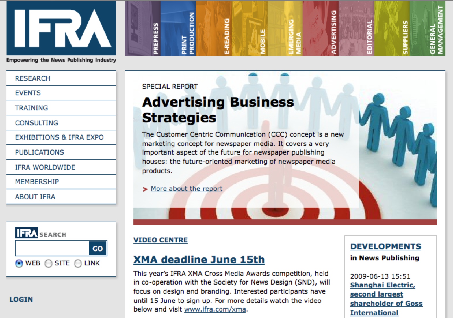 Website screenshot of IFRA featuring an article on advertising business strategies and a notice about the XMA competition deadline.