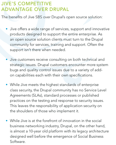 A screenshot from a Jive Software whitepaper comparing Jive Social Business Software to Drupal, highlighting perceived advantages.