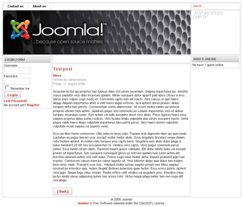 A Joomla-based webpage displaying a test post with a login form and navigation menu.