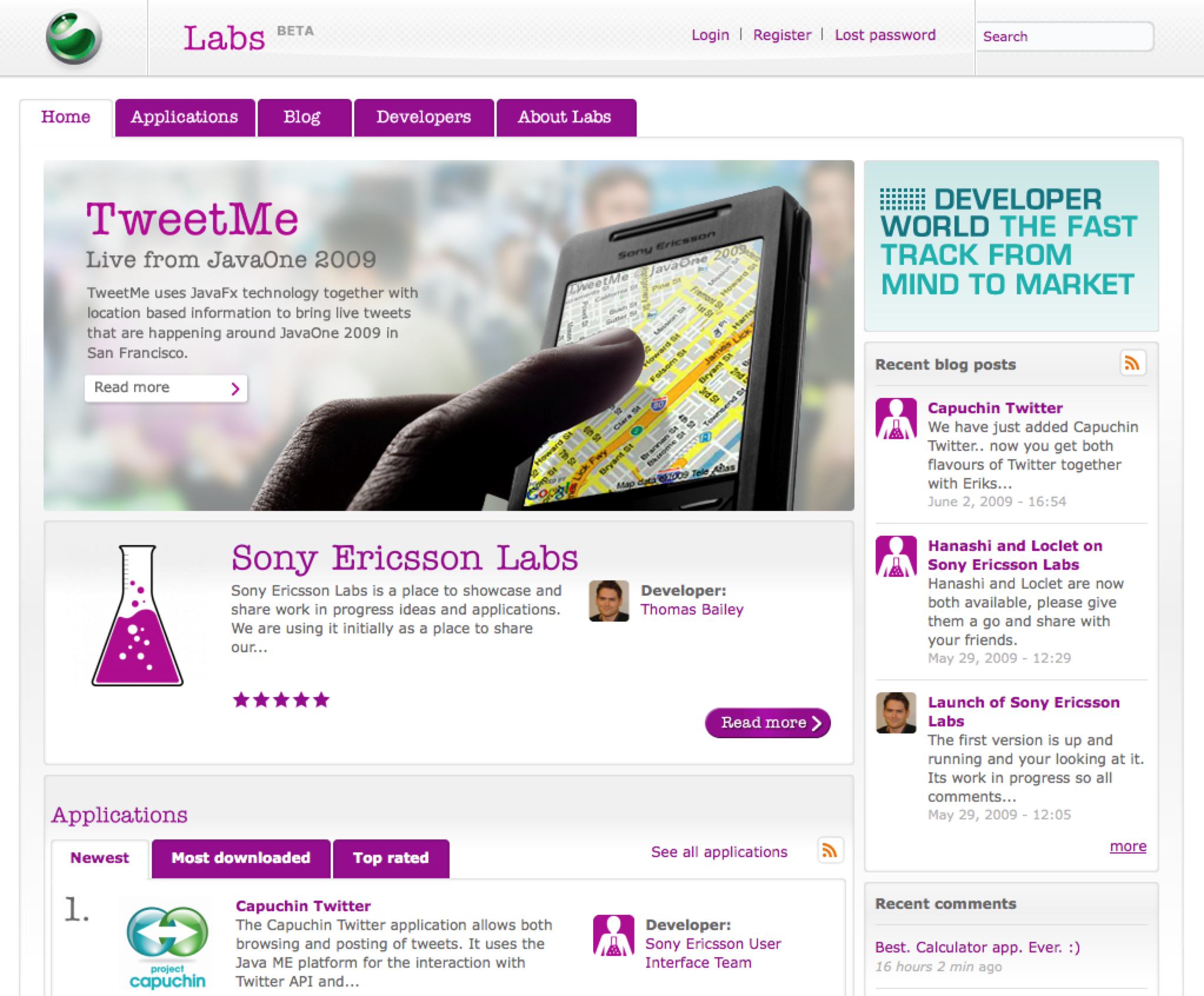 A person holds a Sony Ericsson phone displaying a map, promoting the TweetMe app for live location-based tweets.