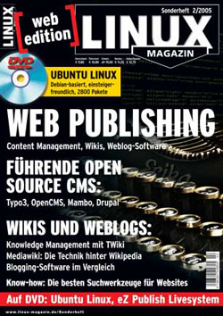 Cover of Linux Magazin highlighting web publishing, open-source CMS, wikis, and Ubuntu Linux with included software on DVD.