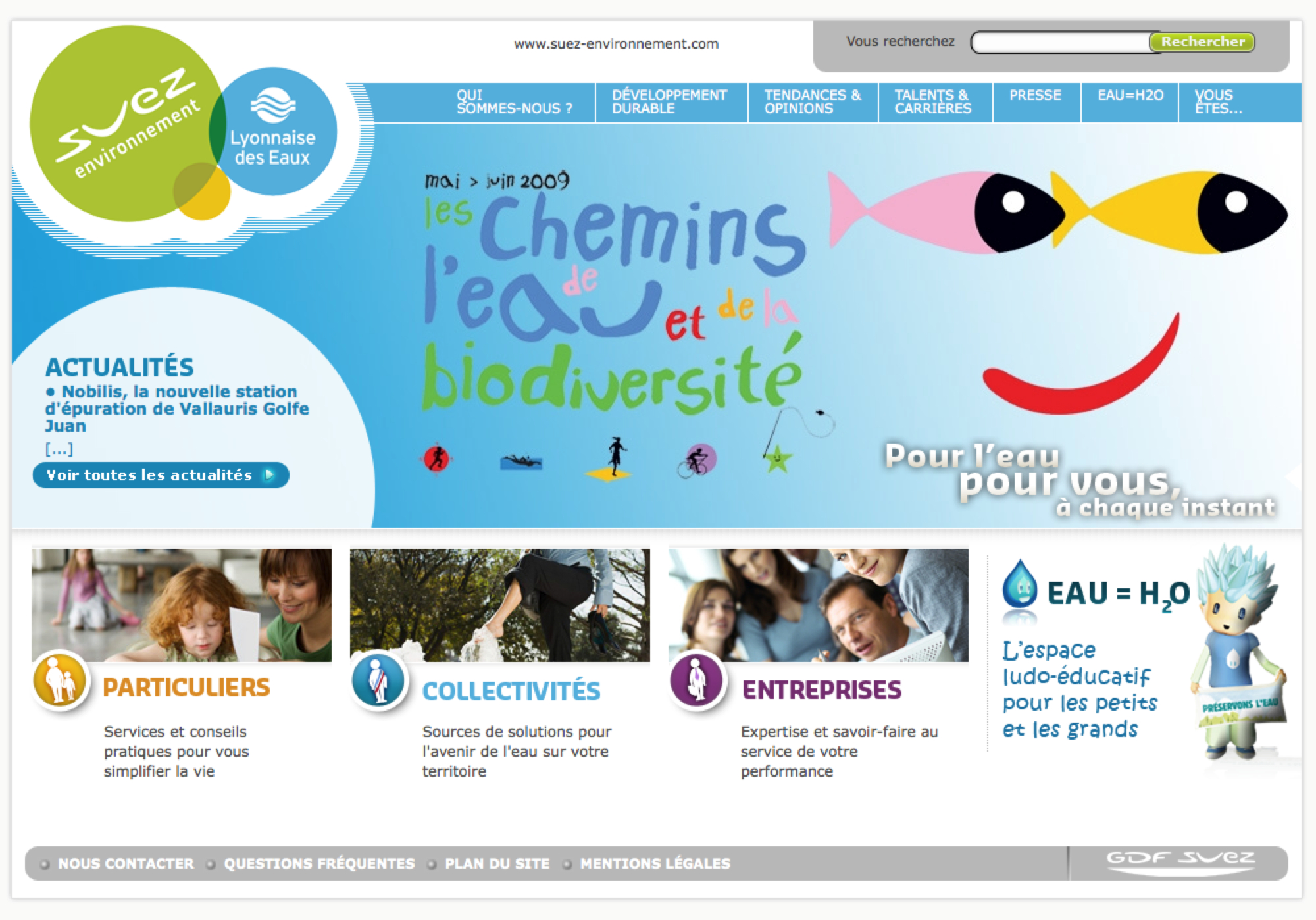 A webpage for Lyonnaise des Eaux featuring water conservation, biodiversity, and services for individuals, communities, and businesses.