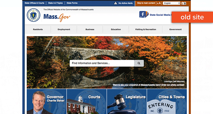 Animated comparison of the Massachusetts government website before and after redesign, showing updated layout and navigation improvements.