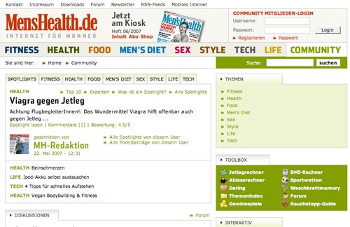 A German Men's Health website page featuring articles on fitness, health, diet, and lifestyle, with a focus on jet lag remedies.