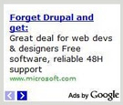 Microsoft online ad encourages users to switch from Drupal, offering free software and 48-hour support for web developers.