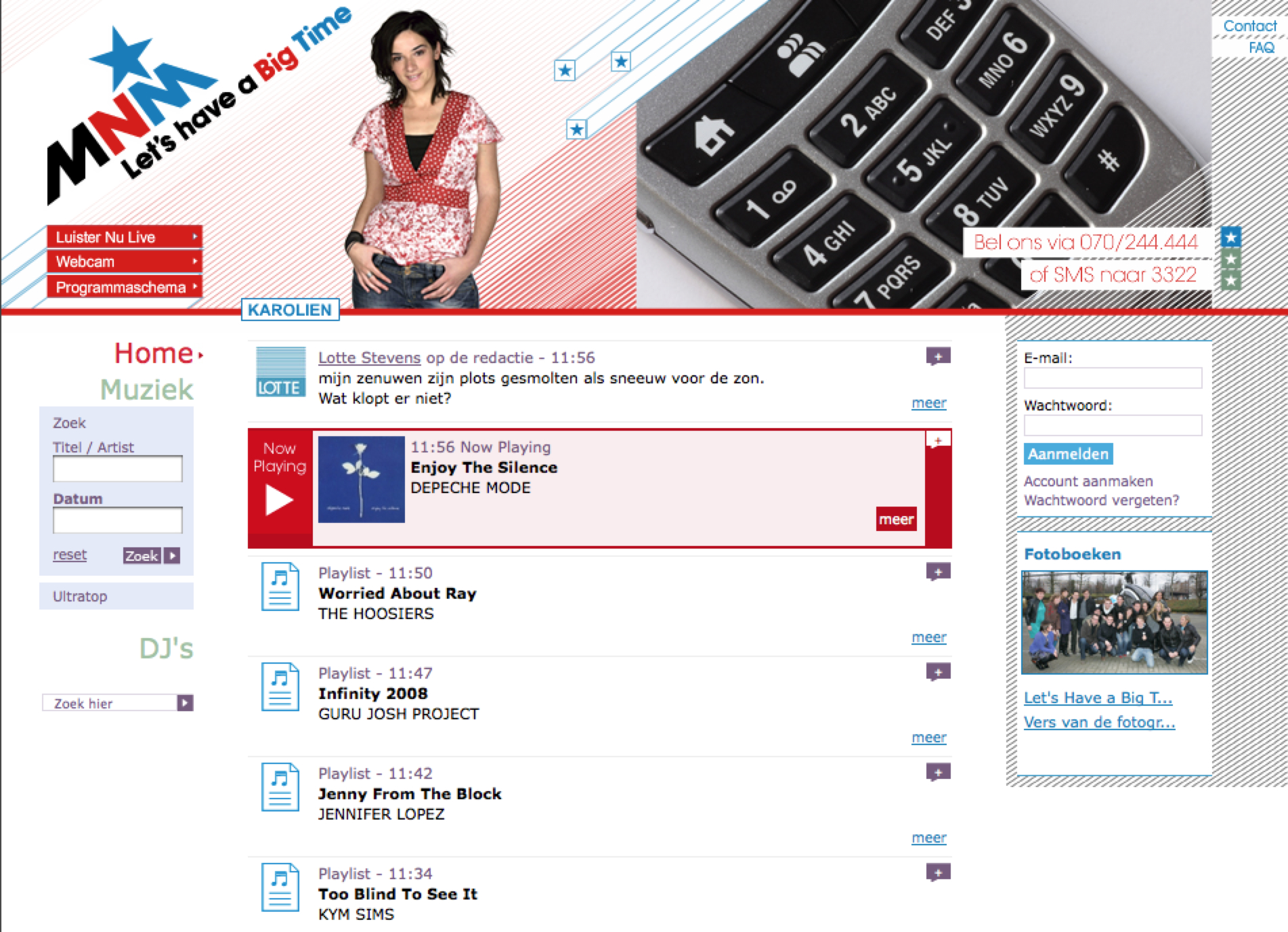A radio station webpage showing the currently playing song, "Enjoy The Silence" by Depeche Mode, and a playlist.