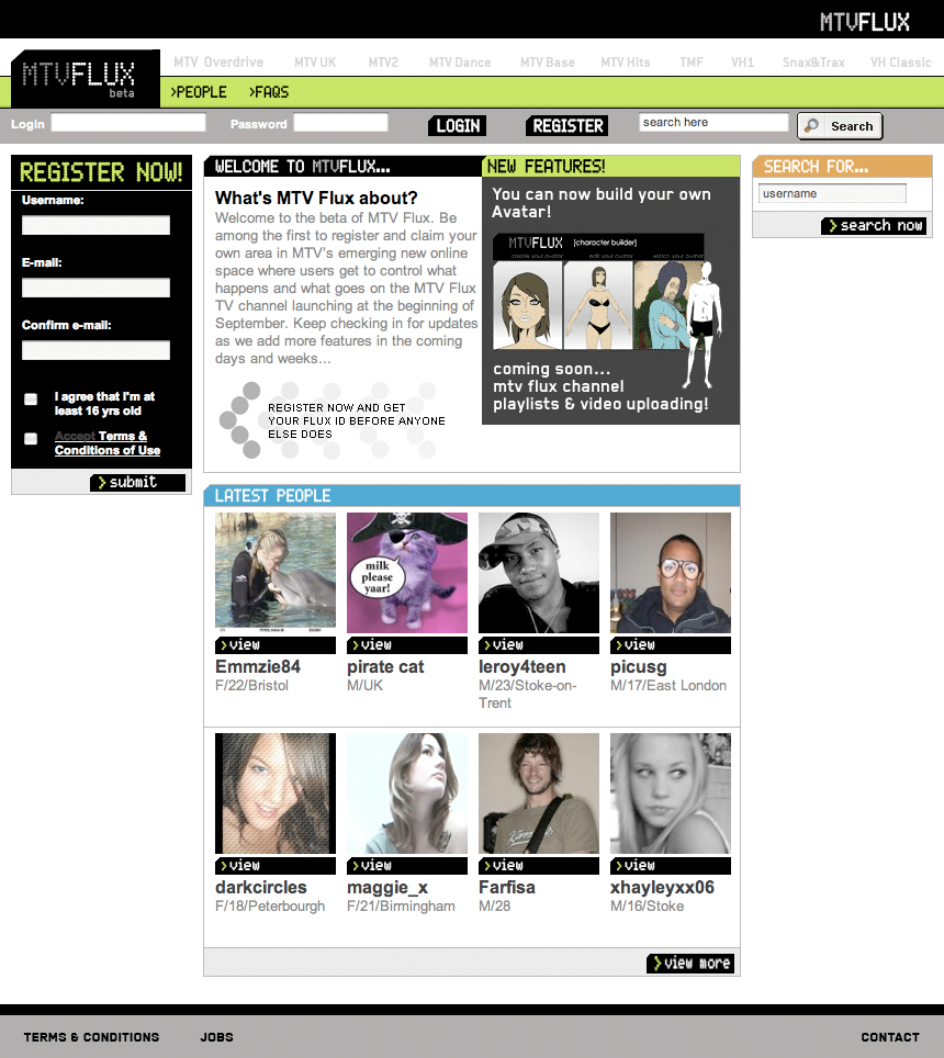 A screenshot of the MTV Flux website shows user profiles, a registration form, and an avatar customization feature.