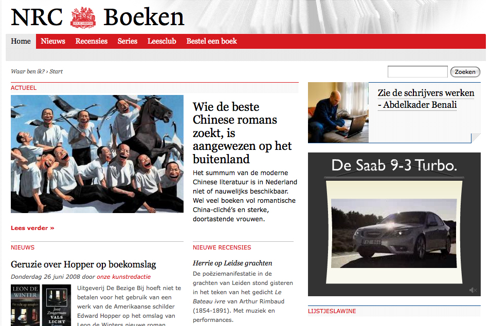 Screenshot of NRC Boeken website featuring book reviews, news, and an article on Chinese literature, with images and advertisements.