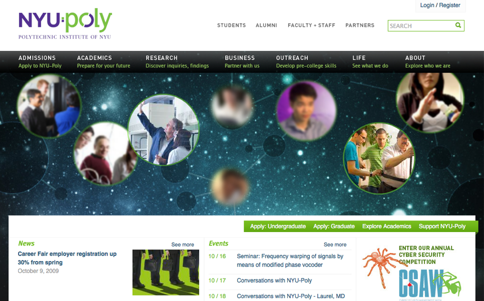 Screenshot of the NYU-Poly website homepage featuring navigation menus, event listings, and a cybersecurity competition announcement.