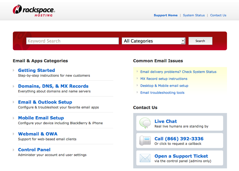 Rackspace support page with email setup guides, troubleshooting links, and contact options including live chat, phone, and support tickets.