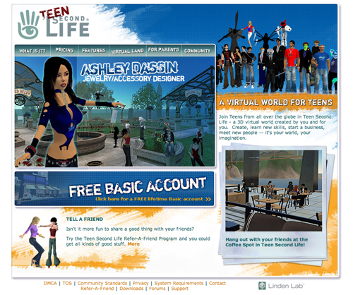 A promotional webpage for Teen Second Life featuring a virtual world with avatars, social activities, and a free account offer.